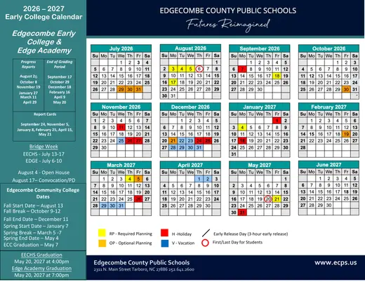 Edgecombe Early College &amp; Edge Academy 2026–2027 Academic Calendar