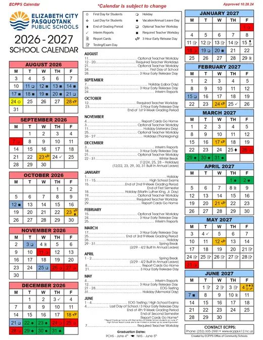 Elizabeth City Pasquotank Public Schools 2026–2027 Academic Calendar