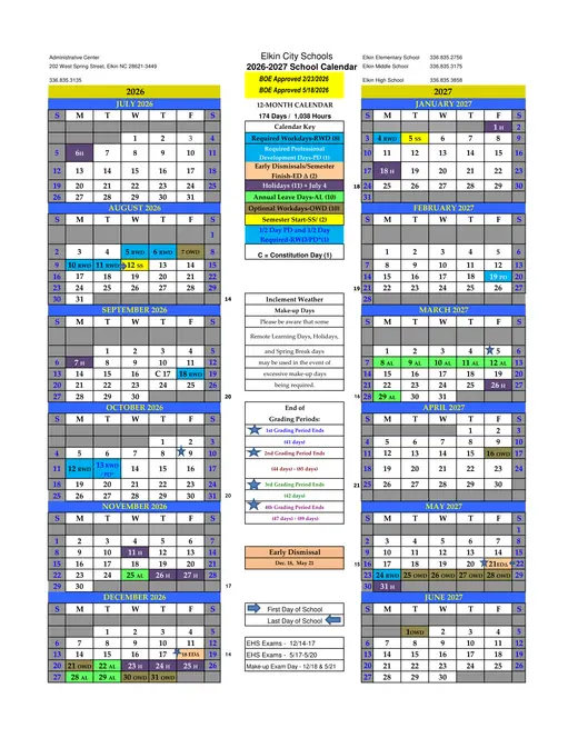 Elkin City Schools 2026–2027 Academic Calendar Page 1