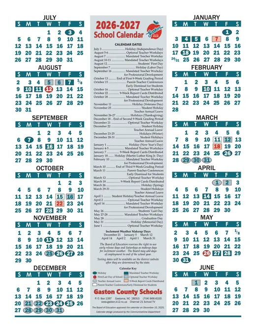 Gaston County Schools 2026–2027 Academic Calendar