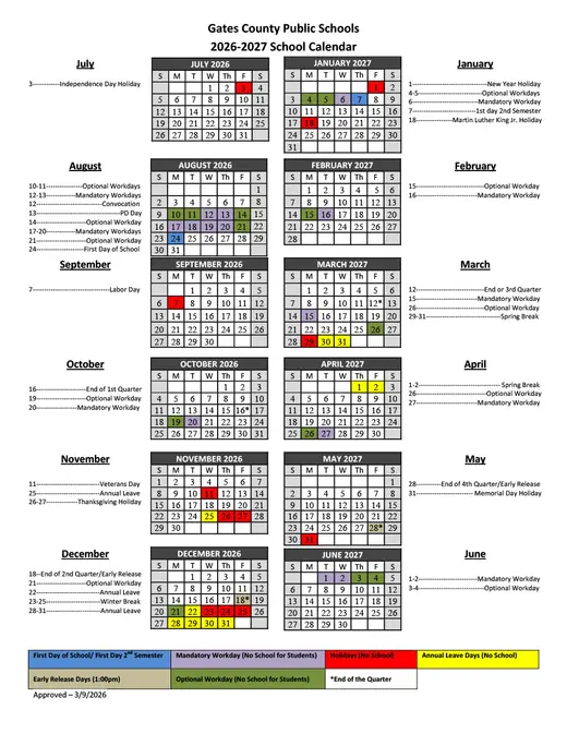 Gates County Public Schools 2026–2027 Academic Calendar