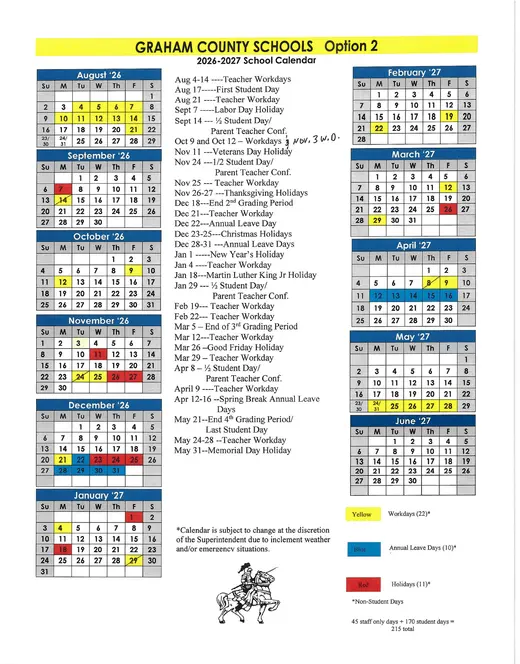 Graham County Schools Option 2 2026–2027 Academic Calendar Page 1