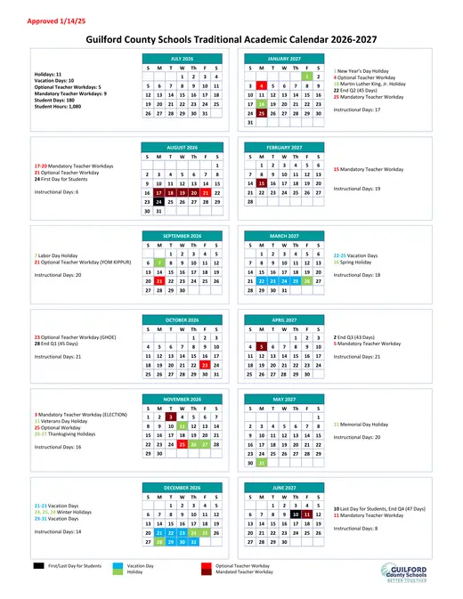 Guilford County Schools 2026–2027 Academic Calendar Page 1