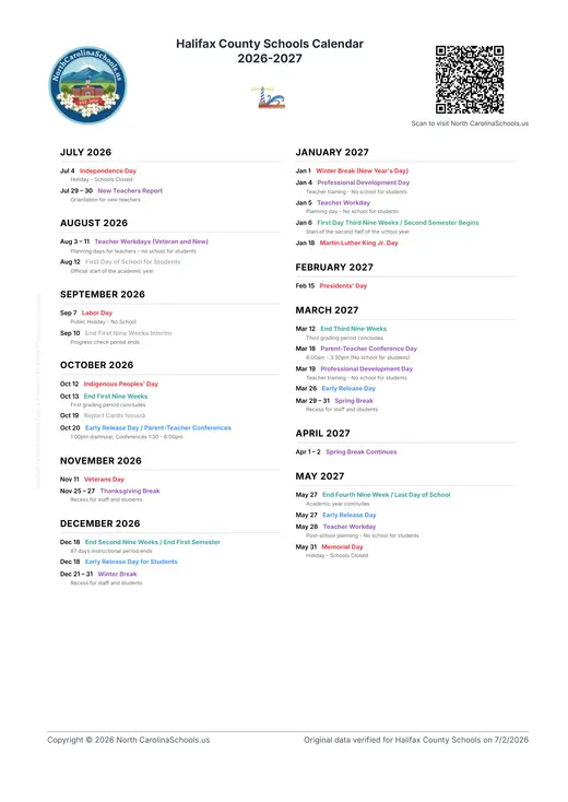 Halifax County Schools 2026–2027 Academic Calendar Page 2