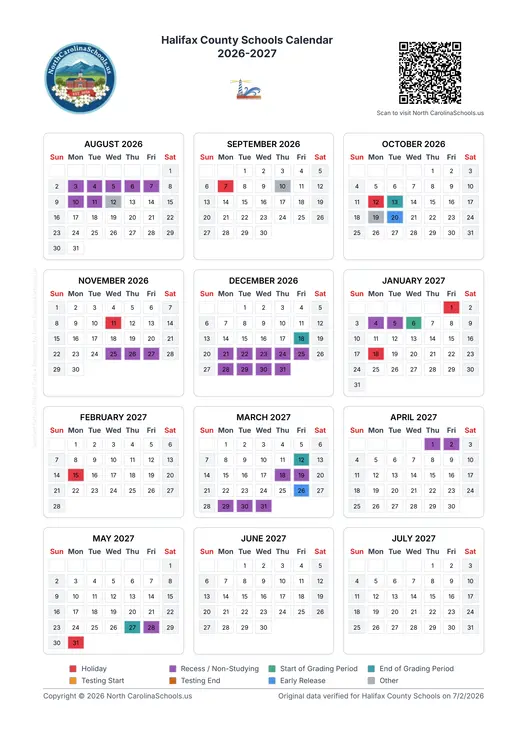 Halifax County Schools 2026–2027 Academic Calendar Page 1