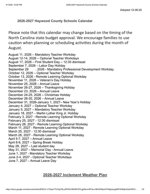Haywood County Schools 2026–2027 Academic Calendar Page 1