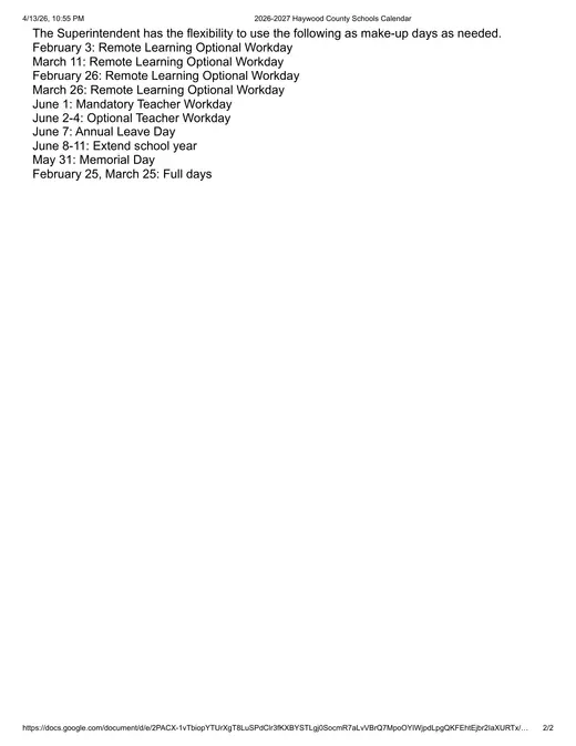 Haywood County Schools 2026–2027 Academic Calendar Page 2