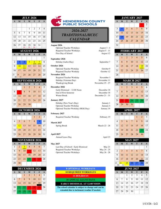 Henderson County Public Schools 2026–2027 Academic Calendar