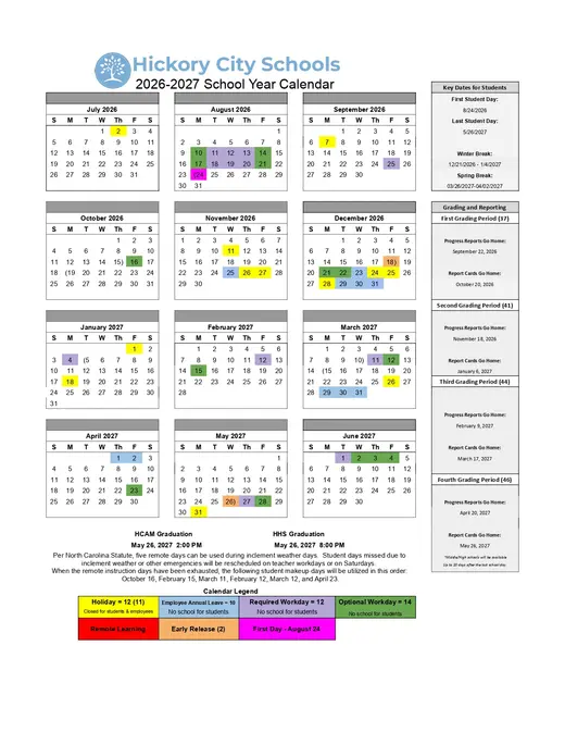 Hickory City Schools 2026–2027 Academic Calendar