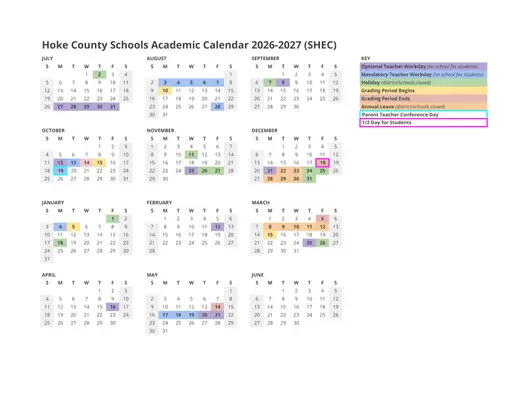 Hoke County Schools 2026–2027 Academic Calendar Page 1