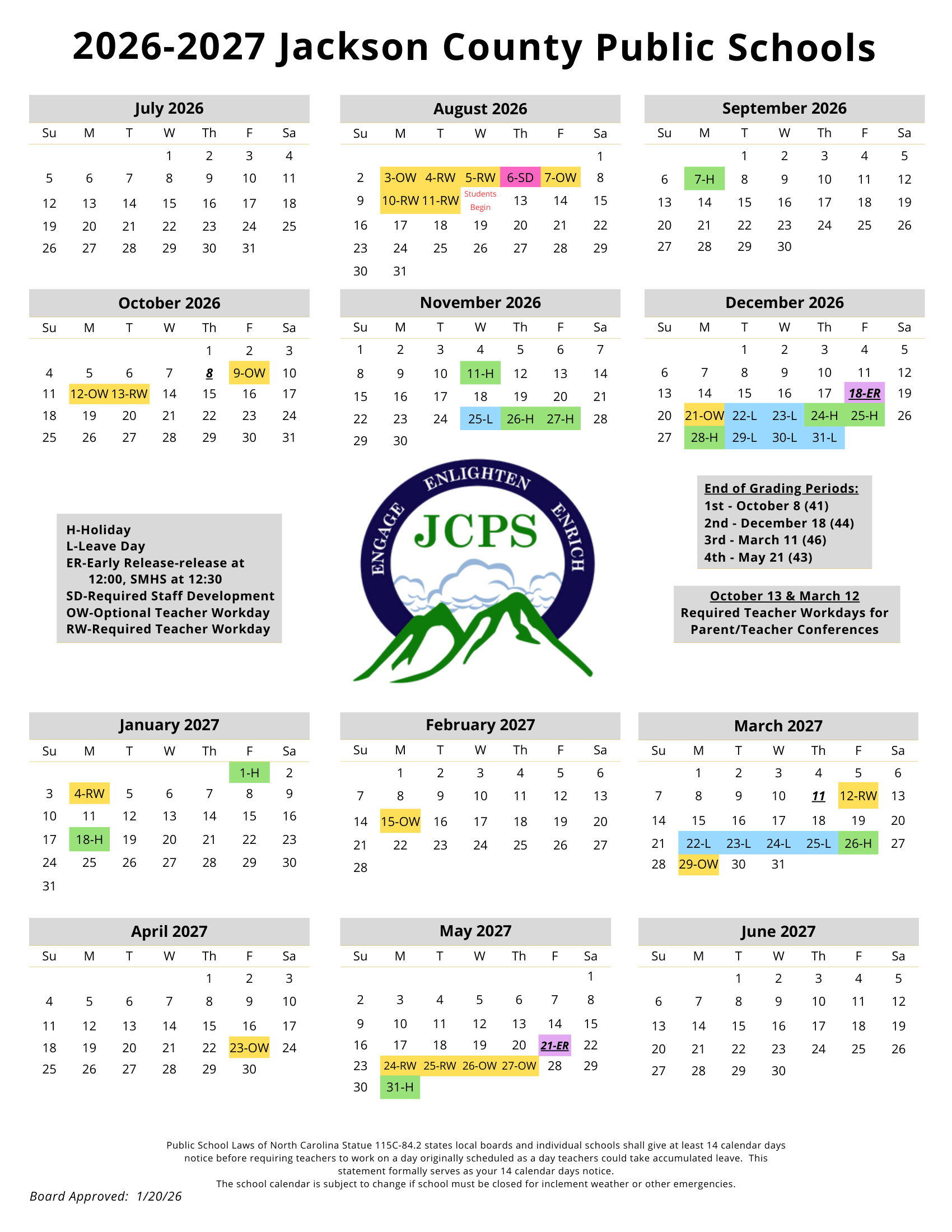 Jackson County Public Schools JCPS Calendar 26-27 | CalendarStates.com