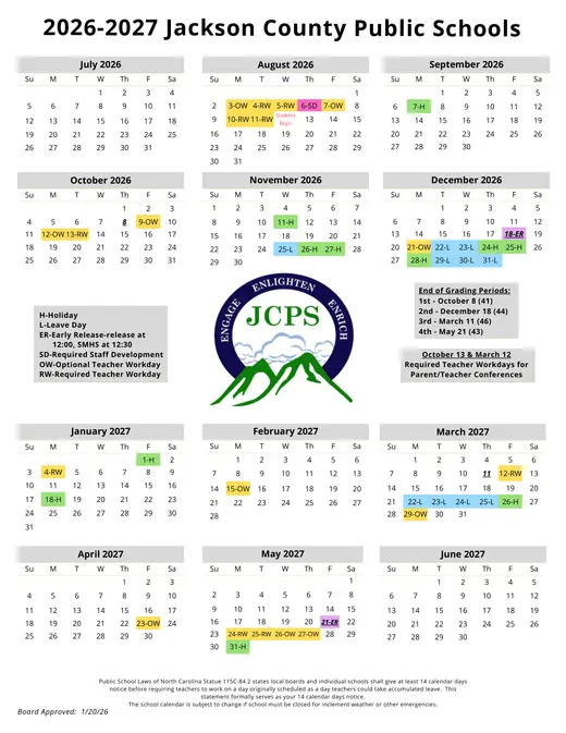Jackson County Public Schools 2026–2027 Academic Calendar Page 1