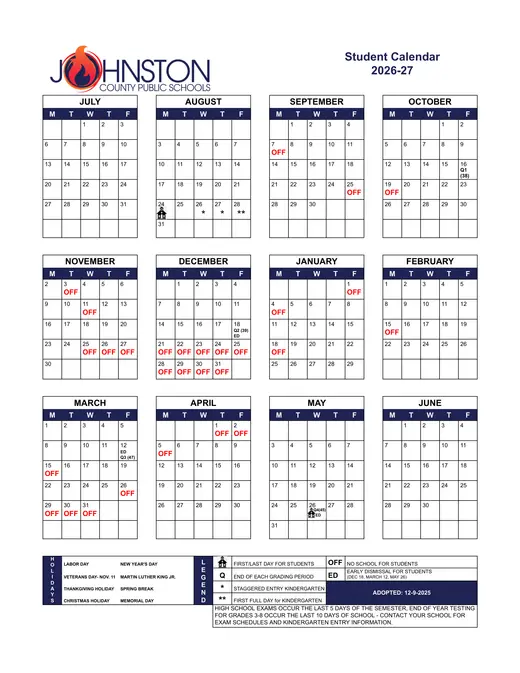 Johnston County Public Schools 2026–2027 Academic Calendar