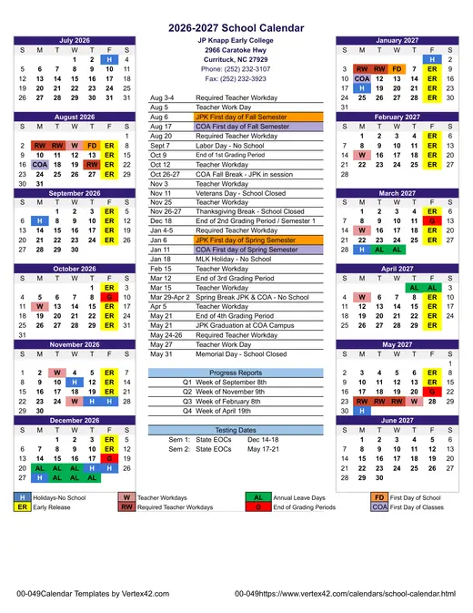 JP Knapp Early College 2026–2027 Academic Calendar