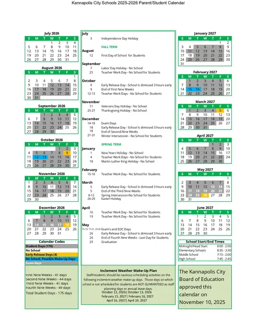 Kannapolis City Schools 2026–2027 Academic Calendar