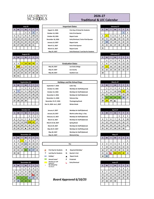 Lee County Schools 2026–2027 Academic Calendar