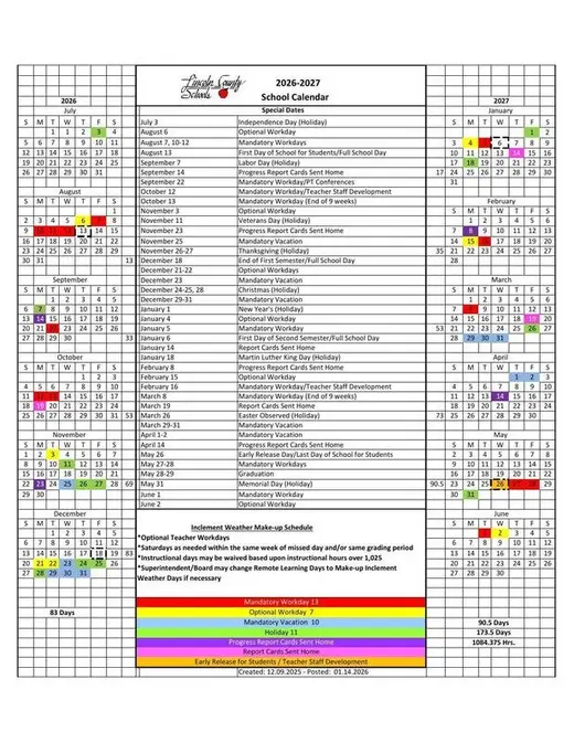 Lincoln County Schools 2026–2027 Academic Calendar Page 1