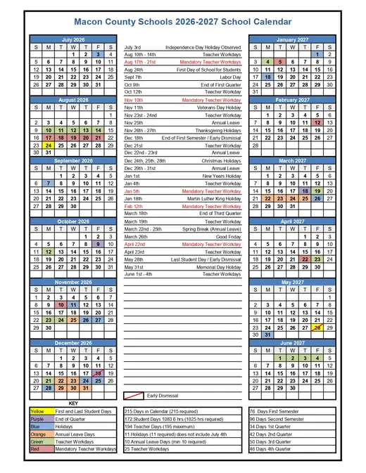 Macon County Schools 2026–2027 Academic Calendar