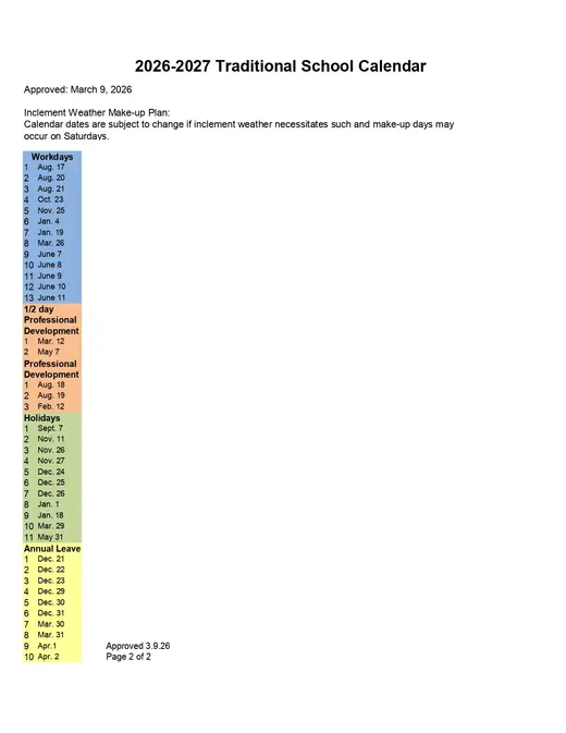 McDowell County Schools 2026–2027 Academic Calendar Page 1