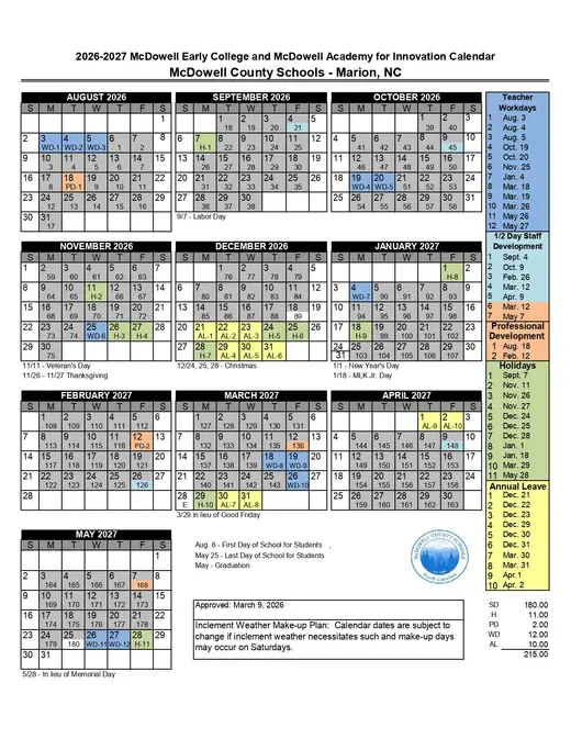 McDowell Early College &amp; MAI 2026–2027 Academic Calendar