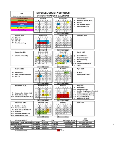 Mitchell County Schools 2026–2027 Academic Calendar Page 1