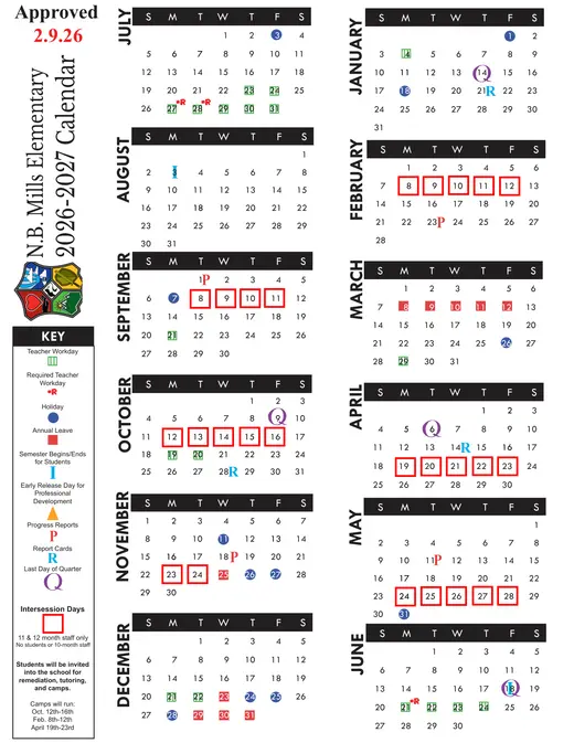 N.B. Mills Elementary 2026–2027 Academic Calendar
