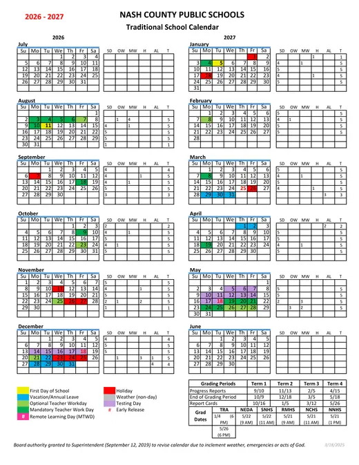 Nash County Public Schools 2026–2027 Academic Calendar