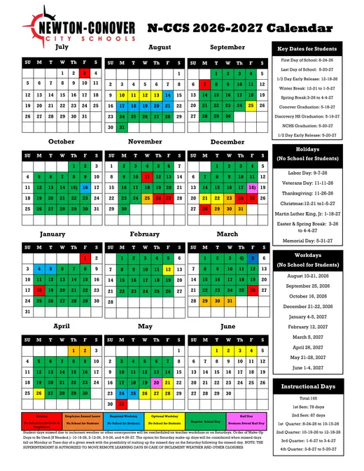 Newton-Conover City Schools 2026–2027 Academic Calendar Page 1