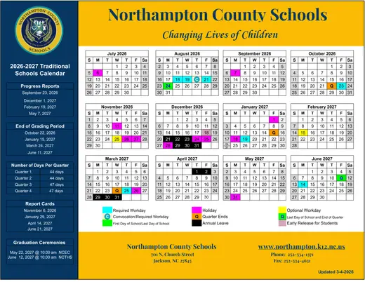 Northampton County Schools 2026–2027 Academic Calendar Page 1