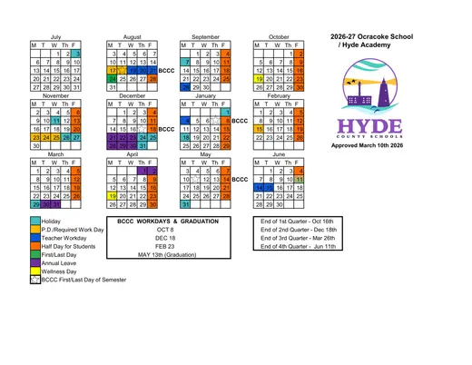 Ocracoke School -Hyde Academy 2026–2027 Academic Calendar Page 1