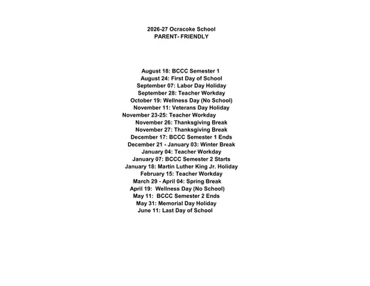 Ocracoke School 2026–2027 Academic Calendar Page 2