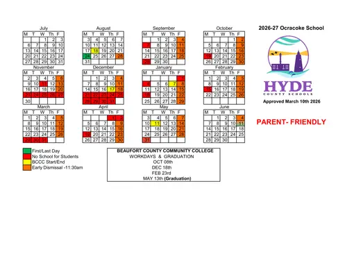 Ocracoke School 2026–2027 Academic Calendar Page 1