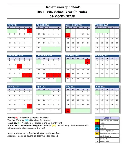 Onslow County Schools 2026–2027 Academic Calendar Page 2
