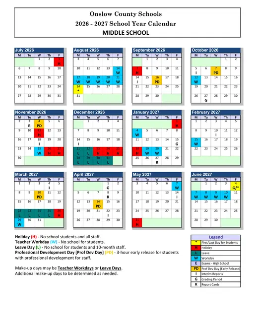 Onslow County Schools 2026–2027 Academic Calendar Page 3