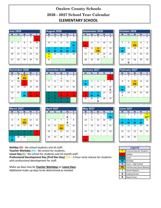 Onslow County Schools 2026–2027 Academic Calendar Page 4