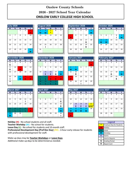 Onslow Early College High School 2026–2027 Academic Calendar