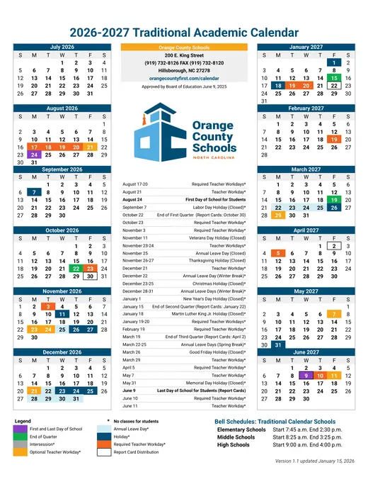 Orange County Schools 2026–2027 Academic Calendar