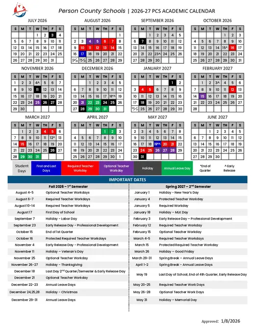 Person County Schools 2026–2027 Academic Calendar