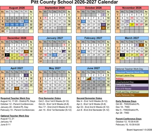 Pitt County School 2026-2027 Academic Calendar