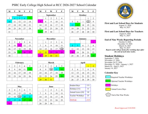 PSRC Early College High School at RCC 2026–2027 Academic Calendar Page 1