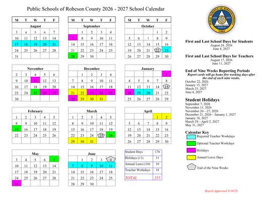 Public Schools of Robeson County 2026–2027 Academic Calendar Page 1