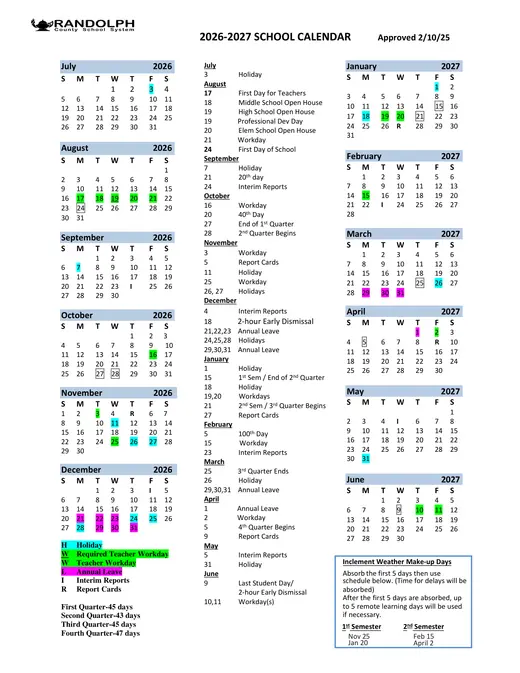 Randolph County School System 2026–2027 Academic Calendar
