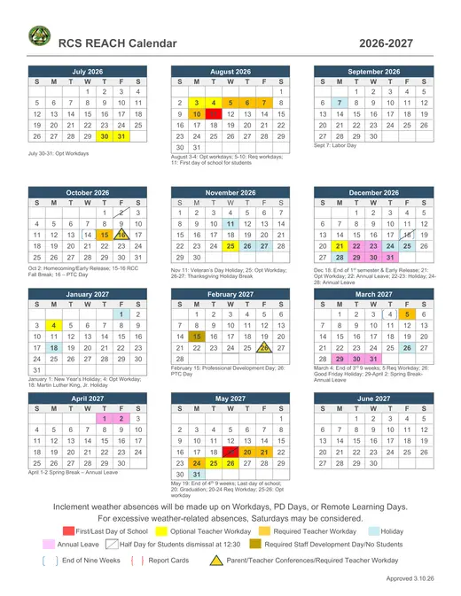 Richmond County Schools 2026–2027 Academic Calendar Page 1