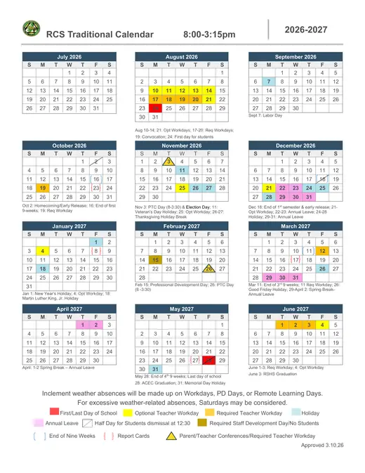 Richmond County Schools 2026–2027 Academic Calendar Page 2