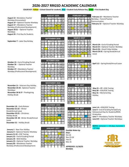 Roanoke Rapids Graded School District 2026–2027 Academic Calendar