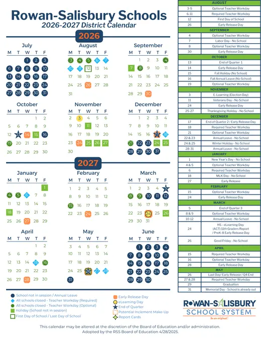 Rowan-Salisbury Schools 2026–2027 Academic Calendar