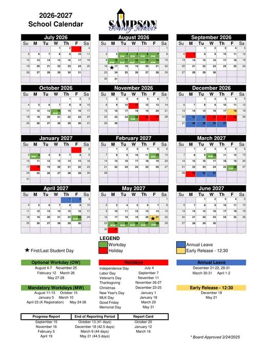 Sampson County Schools 2026–2027 Academic Calendar