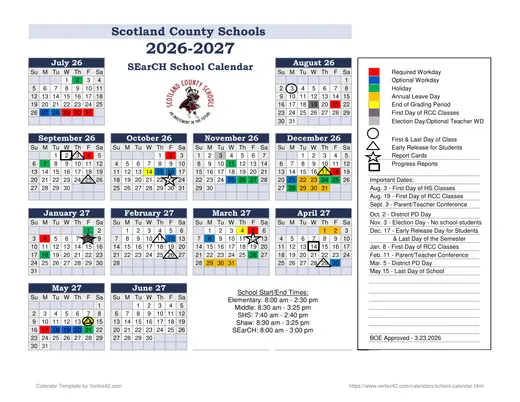 Scotland County Schools SEarCH 2026–2027 Academic Calendar