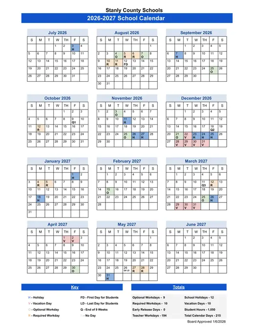 Stanly County Schools 2026–2027 Academic Calendar