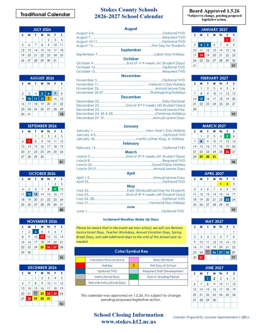 Stokes County Schools 2026–2027 Academic Calendar